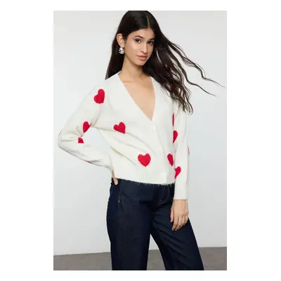 Trendyol Ecru Heart Patterned V Neck Knitwear Cardigan