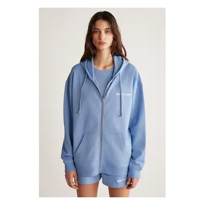 GRIMELANGE Amethys Women's Oversize Organic Cotton Metal Zippered Hooded Blue Sweatshirt