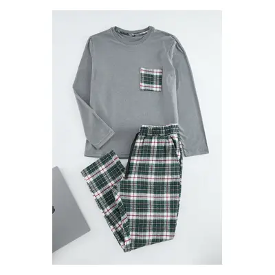 Trendyol Gray-Green Plaid Patterned Woven Pajama Set