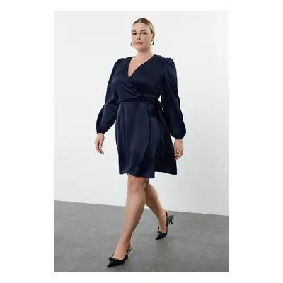 Trendyol Curve Navy Blue Satin Double Breasted Closure Long Balloon Sleeve Flounce Midi Dress