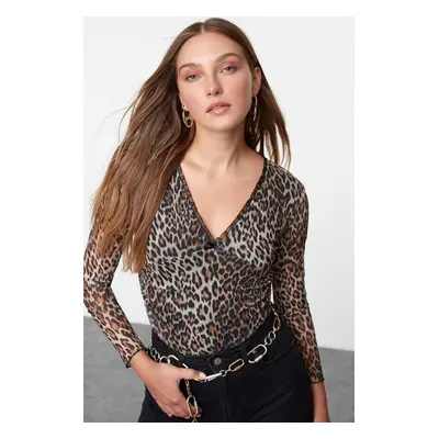 Trendyol Multicolored Leopard Printed Bowknot Fitted/Fits Body V Neck Flexible Knitted Blouse