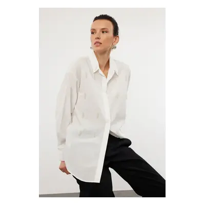 Trendyol Ecru Oversize Woven Wide Fit Shirt with Pearl Stone Detail on the Front