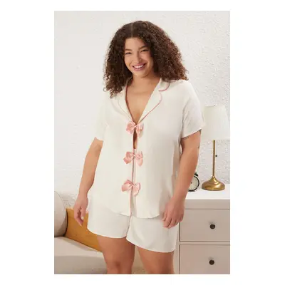 Trendyol Curve Ecru Ribbon/Bow and Piping Detailed Viscose Woven Pajama Set