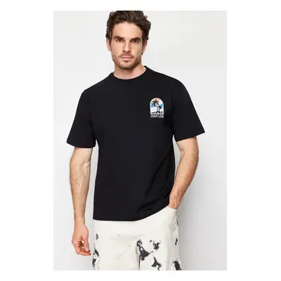 Trendyol Black Oversize/Wide Cut Landscape Embroidered 100% Cotton Short Sleeve T-Shirt