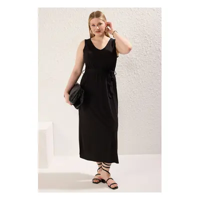 Trendyol Curve Black Tie Detail Midi V Neck Stretchy Knit Dress