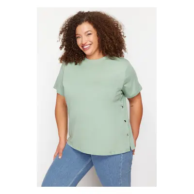 Trendyol Curve Mint Green Boyfriend Fit Side Snap Detail 100% Cotton Knitted Plus Size T-shirt