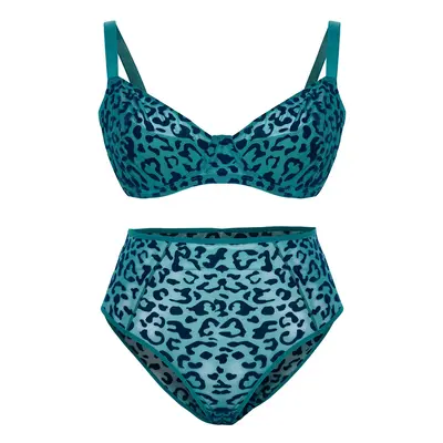 Trendyol Curve Petrol Velvet Leopard Print High Waist Plus Size Lingerie Sets