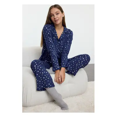 Trendyol Navy Blue 100% Cotton Leaf Star Patterned Knitted Pajama Set