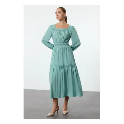 Trendyol Mint Skirt Waist Opening Square Neck Lined Woven Dress