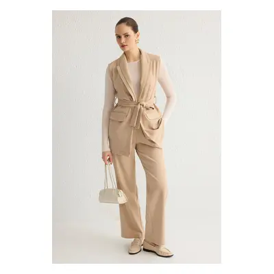 Trendyol Beige Pocket Detail Striped Vest Trousers Woven Bottom-Top Set