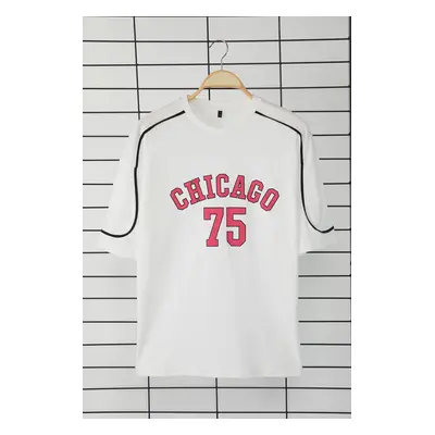 Trendyol Ecru Oversize/Wide Cut Chicago Printed Piping Detail 100% Cotton T-shirt