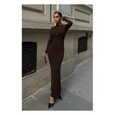 Trendyol Brown Fitted Accessory Knitted Dress