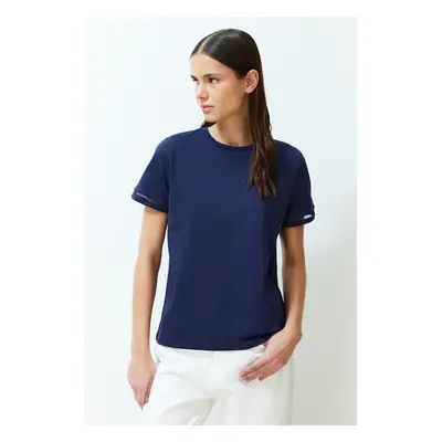 Trendyol Navy Blue 100% Cotton Embroidery Detailed Basic Crew Neck Knitted T-Shirt