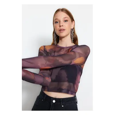 Trendyol Black Printed Tulle Fitted Crop Stretchy Knitted Blouse