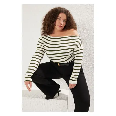 Trendyol Curve White-Green Striped Premium Soft Fabric Fitted Boat Neck/Madonna Collar Flexible 