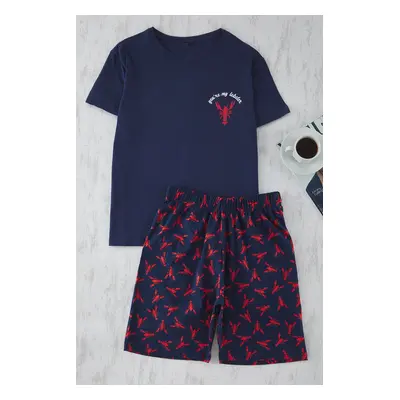 Trendyol Navy Blue Regular Fit Lobster Printed Knitted Pajamas Set