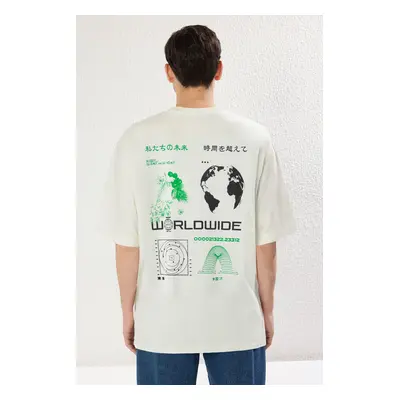 Trendyol Ecru Oversize/Wide Cut 100% Cotton Printed T-shirt