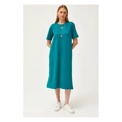 Olalook Women's Emerald Green Side Slit Oversize Cotton Dress