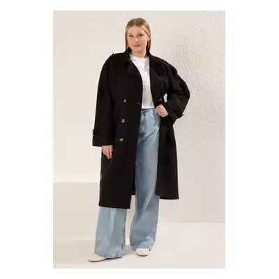 Trendyol Curve Black Long Oversize Plus Size Trench Coat