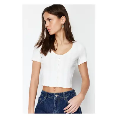 Trendyol Ecru Placket Crop Pool Collar Ribbed Flexible Knitted Blouse