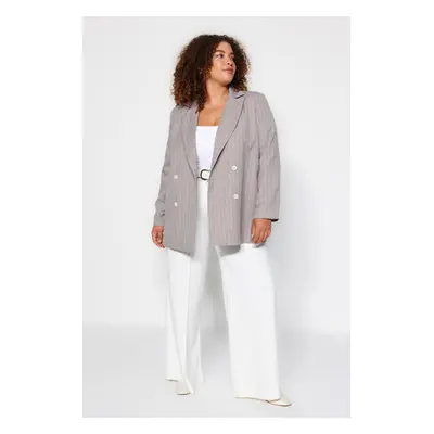 Trendyol Curve Grey Striped Double Closure Double Breasted Closure Lined Plus Size Woven Jacket