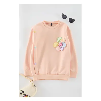 Trendyol Light Orange Girl Floral Knitted Sweatshirt