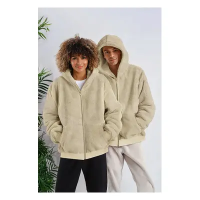 Trendyol Beige Regular/Normal Cut Full Zipper Pocket Polar Fleece Thick Sweatshirt-Cardigan