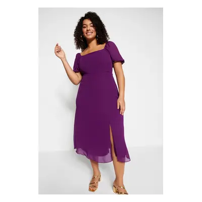 Trendyol Curve Purple Square Neck Balloon Sleeve Woven Slit Lined Chiffon Dress