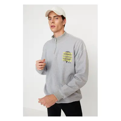 Trendyol Grey Oversize/Wide Cut Zippered Text Printed Inside Fleece/Warm Sweatshirt