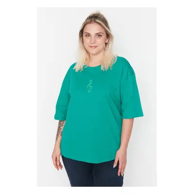 Trendyol Curve Green Wide Pattern Embroidery Detailed Knitting Plus Size T-Shirt