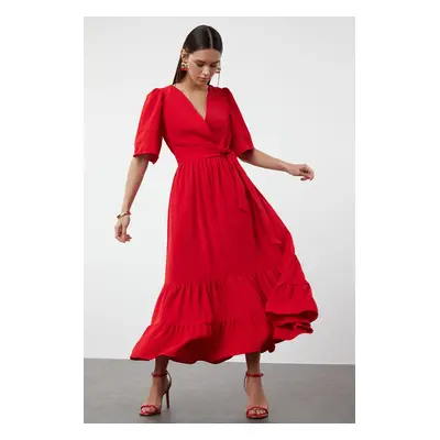 Trendyol Red Belted Woven Double Breasted Collar Back Detailed Midi Woven Dress