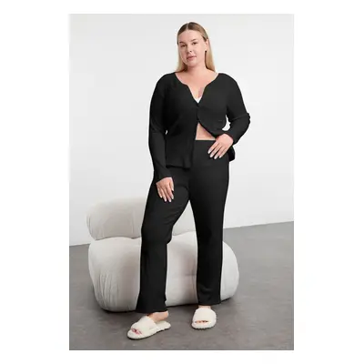 Trendyol Curve Black Brushed Soft Ribbed Cardigan Knitted Pajama Set