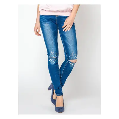 Jeans decorated with cuts and rhinestones on the knees navy blue