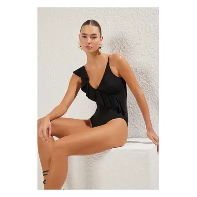 Trendyol Black One Shoulder Flounce Regular Swimsuit