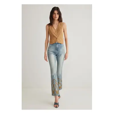 Trendyol Blue Embroidered High Waist Flare Jeans