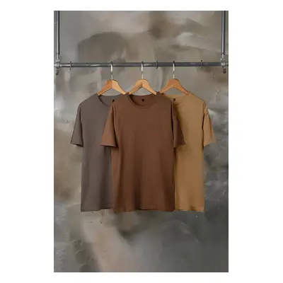 Trendyol Brown-Beige-Gray Slim/Slim Cut Crew Neck Basic 100% Cotton 3-Pack T-Shirt