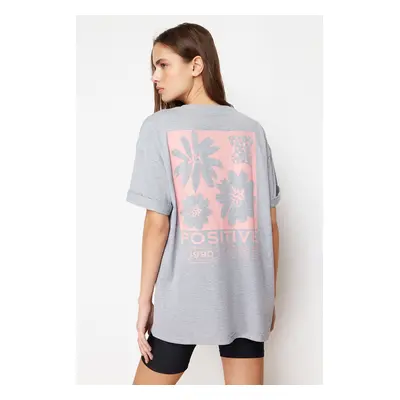 Trendyol Gray Melange Back Printed Oversize/Wide Fit Crew Neck Knitted T-Shirt