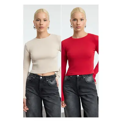 Trendyol Red-stone Pack Fitted Crew Neck Ribbed Crop Stretchy Knitted Blouse