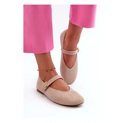 PS1 Bézs csatos Faux Suede Balerina Flats Anlofi