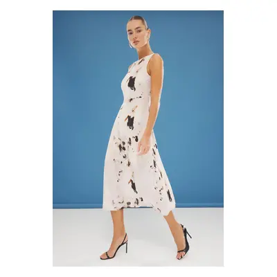 Trendyol Ecru Animal Patterned A-Line Midi Matte Satin Woven Dress