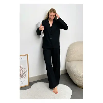 Trend Alaçatı Stili Women's Black Single Pocket Woven Pajamas Suit