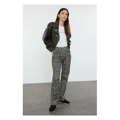 Trendyol Khaki Leopard Print High Waist Straight Jeans