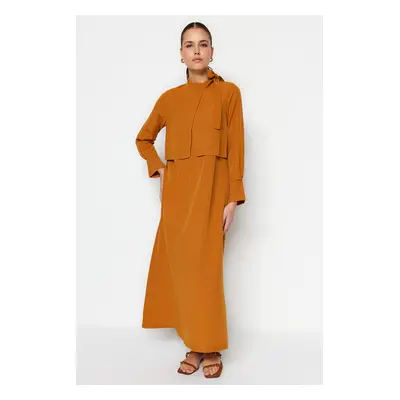 Trendyol Cinnamon Collar Tie Detail Woven Dress