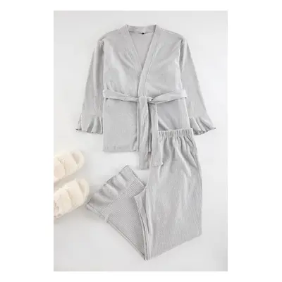 Trendyol Curve Gray Corded Soft Belted Knitted Pajama Set