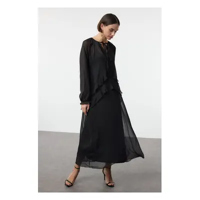 Trendyol Black Straight Cut Ruffle Maxi Chiffon Woven Dress