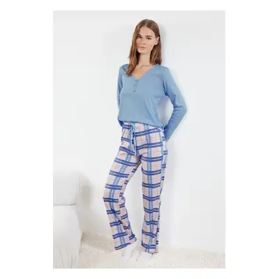 Trendyol Blue 100% Cotton Plaid Tie and Button Detailed Knitted Pajama Set