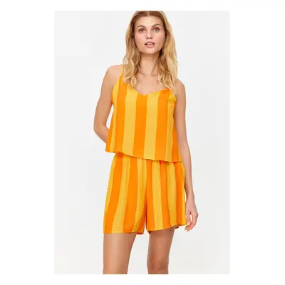 Trendyol Orange Striped Rope Suspender Viscose Shorts Woven Pajama Set