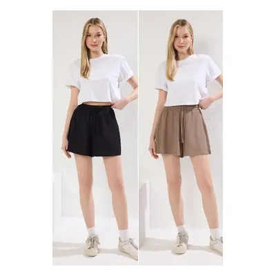 Trendyol Black-Mink Crepe Relaxed/Comfortable Fit Short Flexible Knitted Shorts & Bermuda