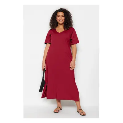 Trendyol Curve Red V Neck Slit 100% Cotton Knitted Plus Size Dress