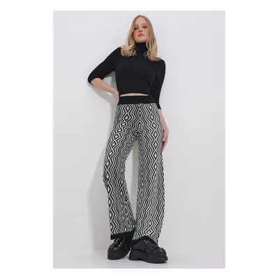 Trend Alaçatı Stili Women's Black-Cream Ethnic Patterned High Waist Knitwear Palazzo Trousers